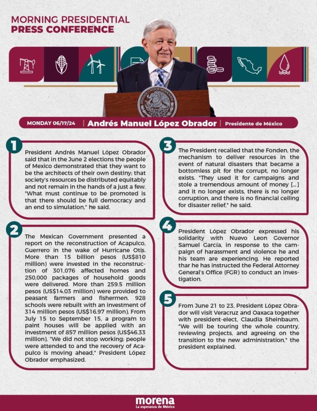 SUMMARY - MORNING PRESIDENTIAL PRESS CONFERENCE - MONDAY, JUNE 17, 2024 - RegeneraciónMX