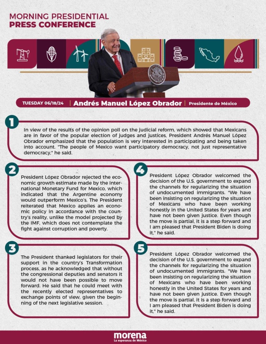 SUMMARY - MORNING PRESIDENTIAL PRESS CONFERENCE - TUESDAY, JUNE 18, 2024 - RegeneraciónMX