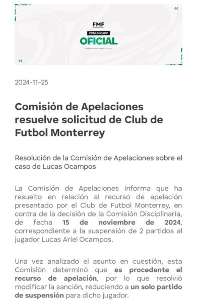 La FMF le redujo el castigo a Lucas Ocampos y podrá jugar los cuartos de final ante Pumas