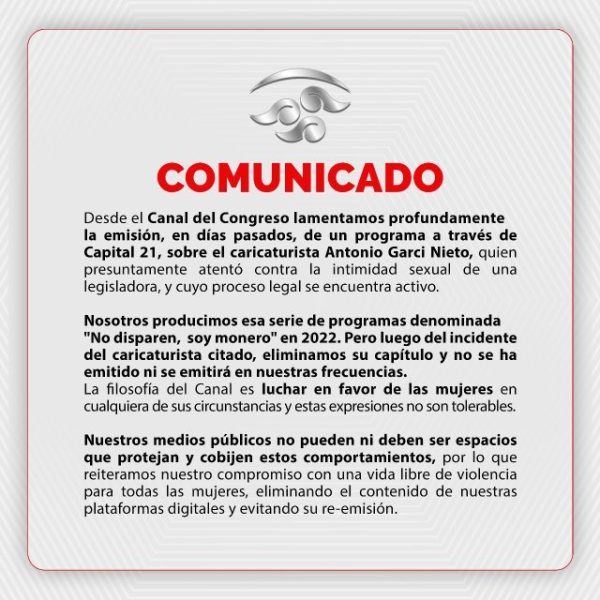 El Canal del Congreso pide disculpas por la emisión de un programa sobre Garci Nieto, agresor de la senadora Andrea Chávez