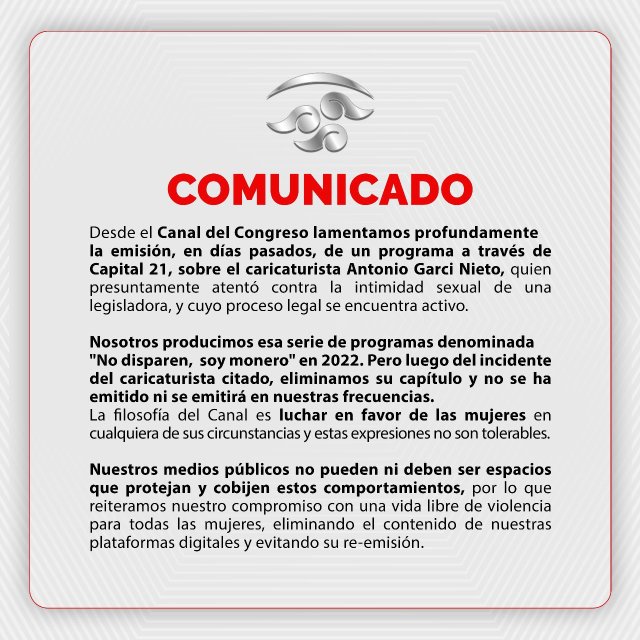 El Canal del Congreso pide disculpas por la emisión de un programa sobre Garci Nieto, agresor de la senadora Andrea Chávez