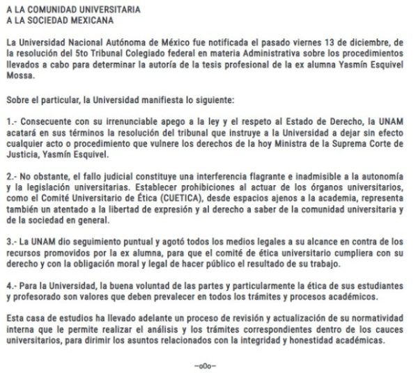 La UNAM acusa interferencia en su autonomía en el caso de la tesis de Yasmín Esquivel