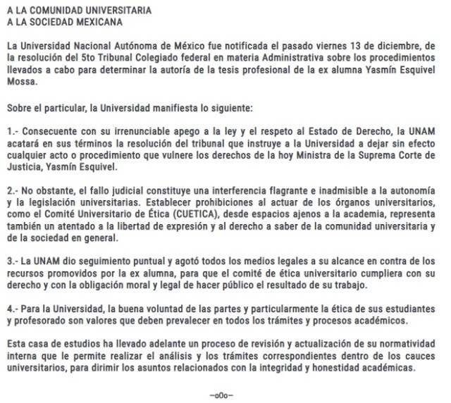 La UNAM acusa interferencia en su autonomía en el caso de la tesis de Yasmín Esquivel