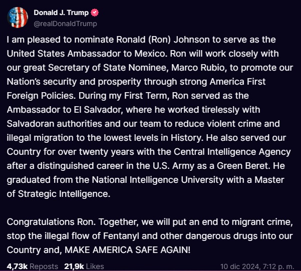 ¿Quién será el nuevo embajador de Estados Unidos en México?