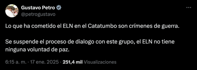 Petro suspende diálogo de paz con el ELN