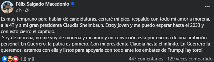 “Cerraré mi pico” || Félix Salgado atiende el llamado de Claudia Sheinbaum y esperará hasta 2033 para competir por la gobernatura de Guerrero