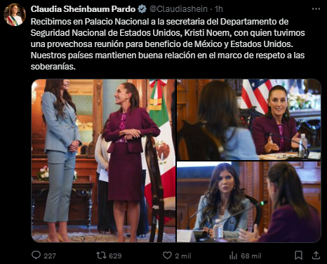 Claudia Sheinbaum se reúne con Kristi Noem para abordar seguridad fronteriza