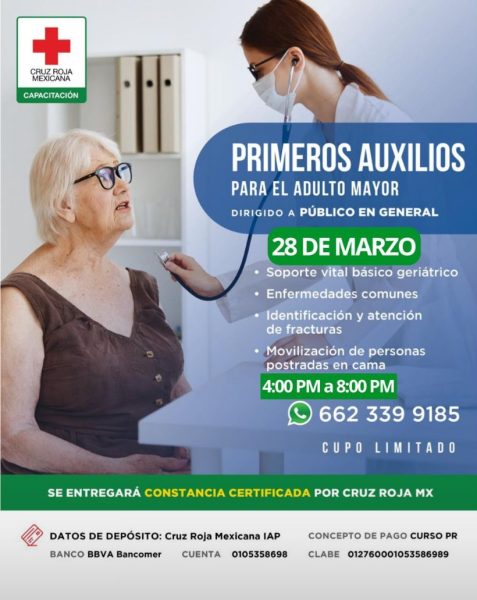 Cruz Roja Hermosillo ofrecerá taller de primeros auxilios enfocado en el cuidado del adulto mayor