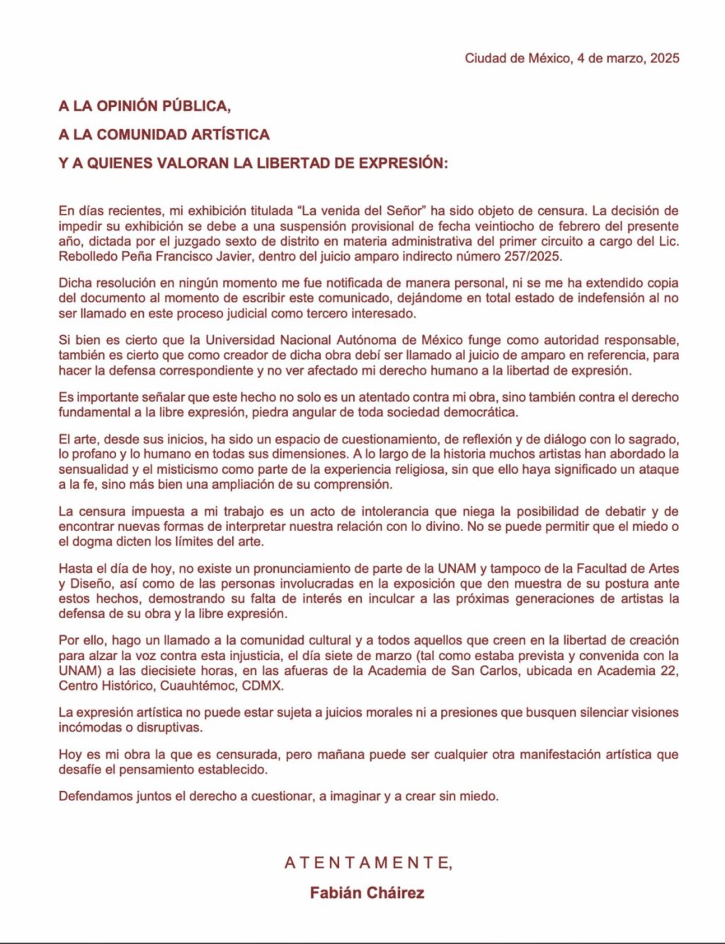 “La venida del Señor” || Fabian Cháirez hace llamado a manifestarse en contra de la censura