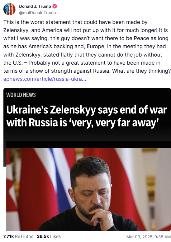 Trump advierte que “EEUU no tolerará por mucho tiempo” postura de Zelenski sobre la paz