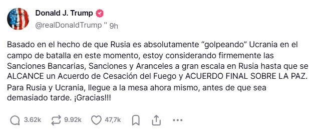 Trump amenaza con aranceles a Rusia para llegar a un acuerdo de paz con Ucrania