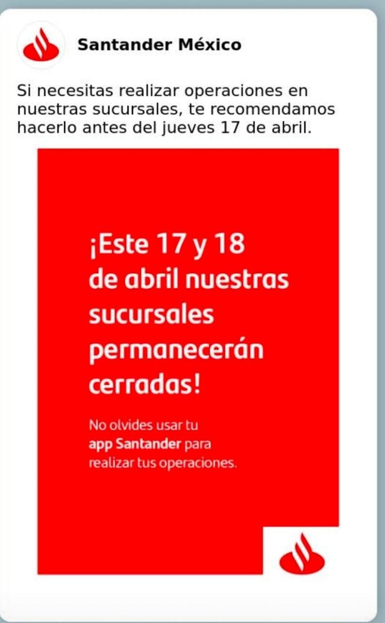 El servicio de Banamex, BBVA y Santander que NO estará disponible 17 y 18 de abril
