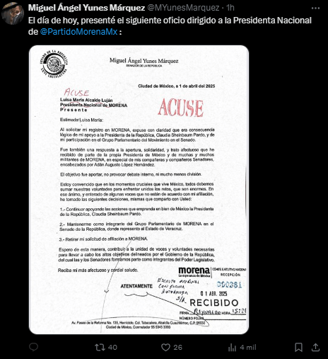 Yunes Márquez renuncia a militar en MORENA, pero se mantiene en su bancada en el Senado