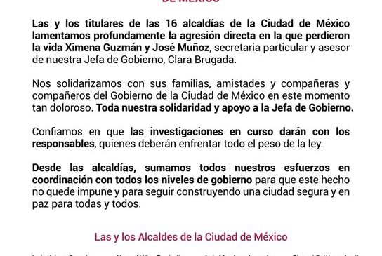 Alcaldes de la Ciudad de México se solidarizan con el gobierno capitalino tras el asesinato de la secretaria particular y el asesor de Clara Brugada