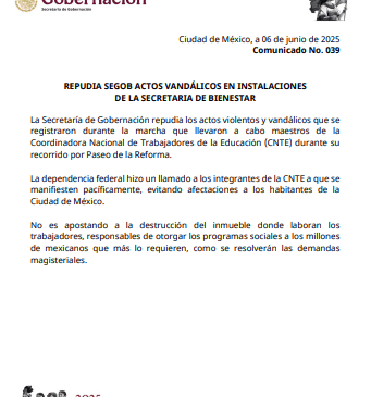 CNTE rompe cristales e irrumpe en edificio de Bienestar durante protesta en Reforma; SEGOB reitera llamado de paz