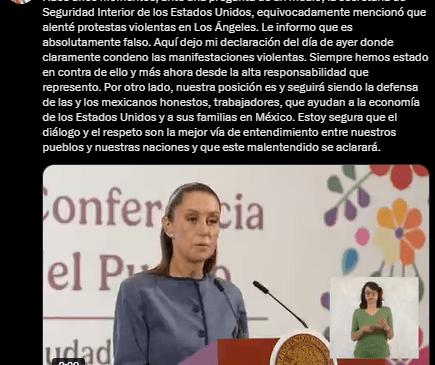 Sheinbaum desmiente a Kristi Noem tras acusarla de incitar violencia en protestas de L.A.