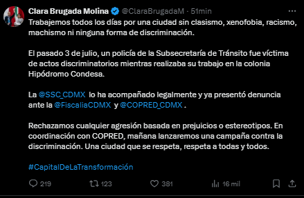 Clara Brugada anuncia campaña contra la discriminación y respaldo legal a policía agredido (+video)