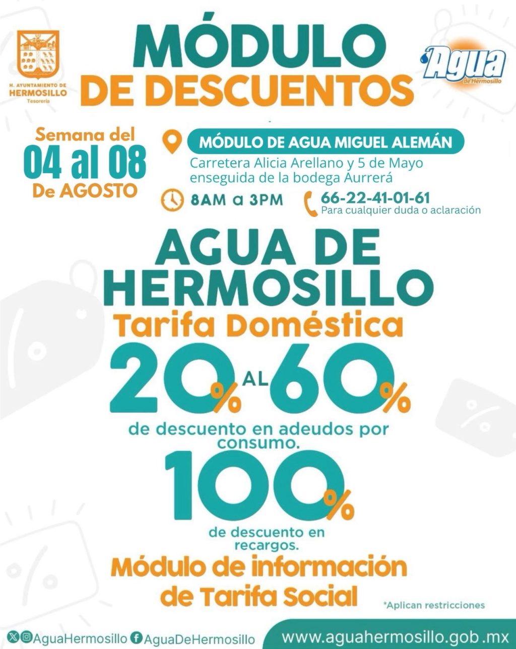 Anuncian Primera Jornada de Descuentos de Agua de Hermosillo en Poblado Miguel Alemán