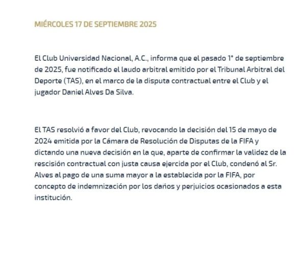 Dani Alves deberá pagarle a Pumas tras fallo del TAS