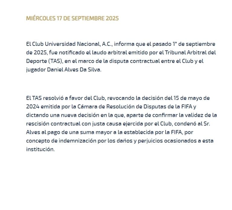 Dani Alves deberá pagarle a Pumas tras fallo del TAS