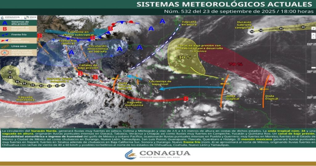 ‘Narda’ se intensifica a huracán de categoría 1; junto con frente frío 4 dejará lluvias intensas y refrescamiento de temperaturas