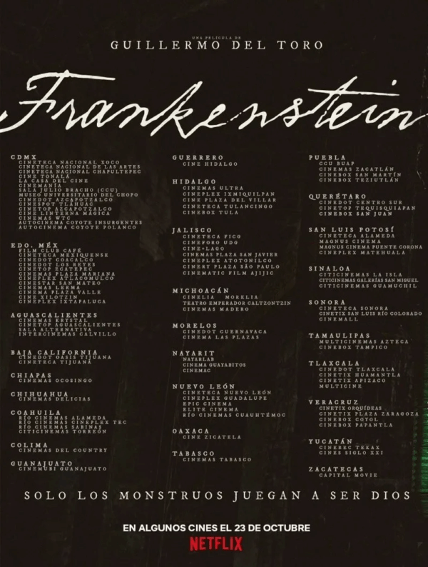 Lista completa de cines en México donde puedes ver Frankenstein de Guillermo del Toro