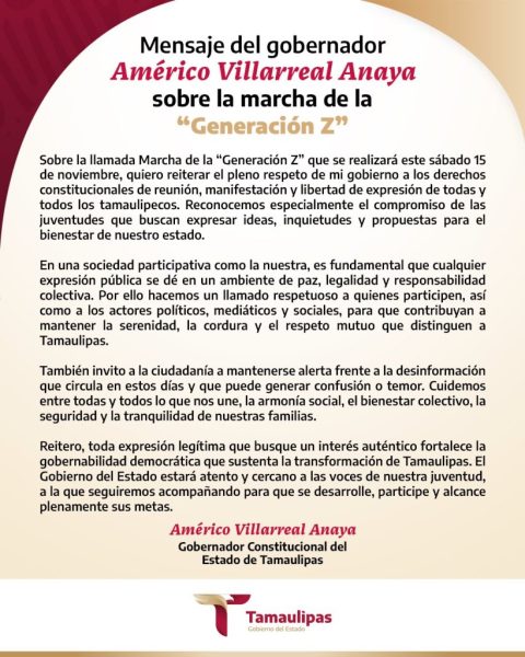 Gobernador de Tamaulipas garantiza respeto ante marcha de “Generación Z” - Elefante Blanco
