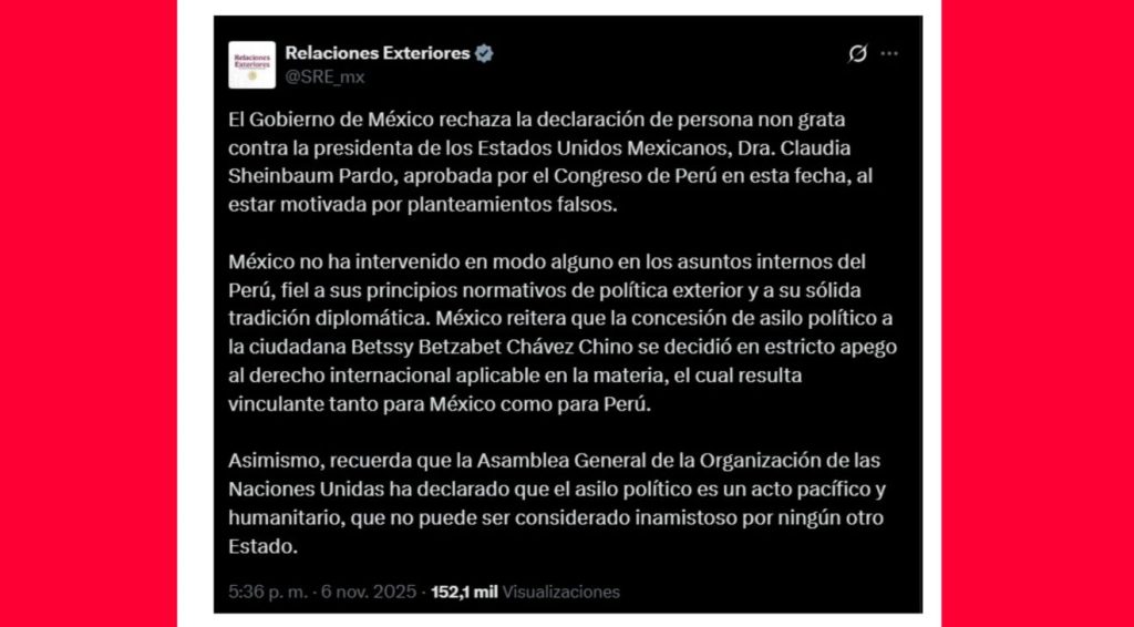 México rechaza declaración de persona non grata contra Sheinbaum y niega injerencia en Perú