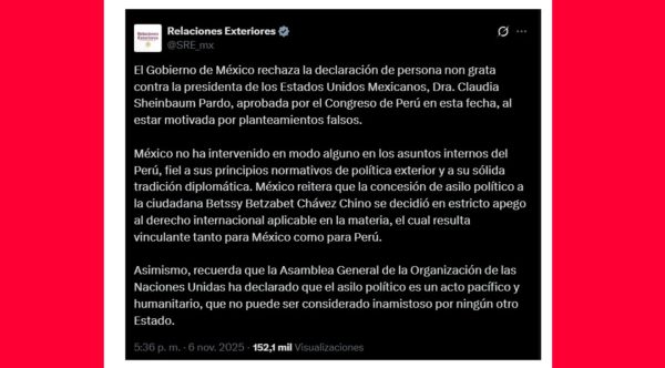México rechaza declaración de persona non grata contra Sheinbaum y niega injerencia en Perú
