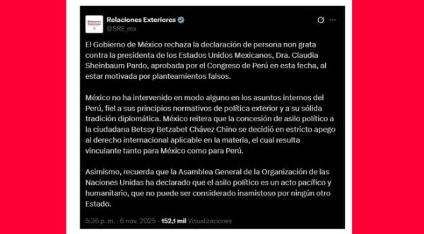 México rechaza declaración de persona non grata contra Sheinbaum y niega injerencia en Perú