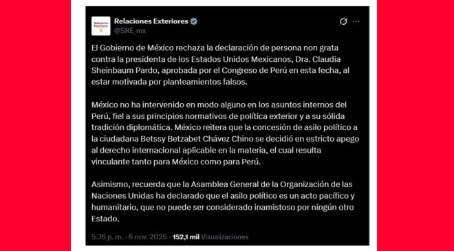 México rechaza declaración de persona non grata contra Sheinbaum y niega injerencia en Perú