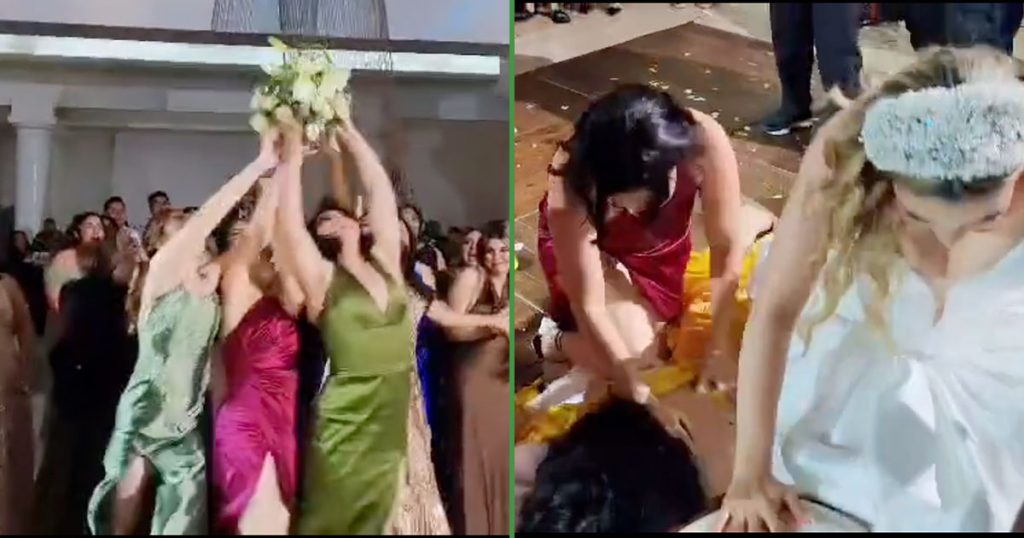 Por fin sucedió: invitadas se pelean por el ramo y terminan tumbando a la novia