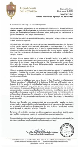 Arquidiócesis de Hermosillo llama la atención a presbítero tras bendecir a pareja del mismo sexo; ofrece disculpa pública