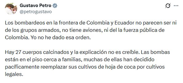 Colombia acusa a Ecuador de bombardear su frontera