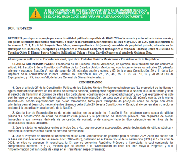Publican decreto de expropiación para tramos del Tren Maya