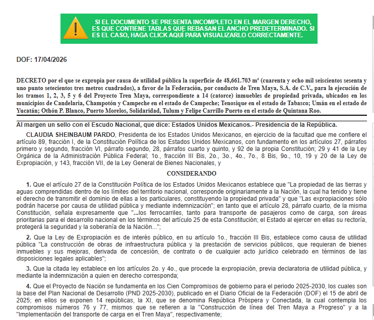 Publican decreto de expropiación para tramos del Tren Maya