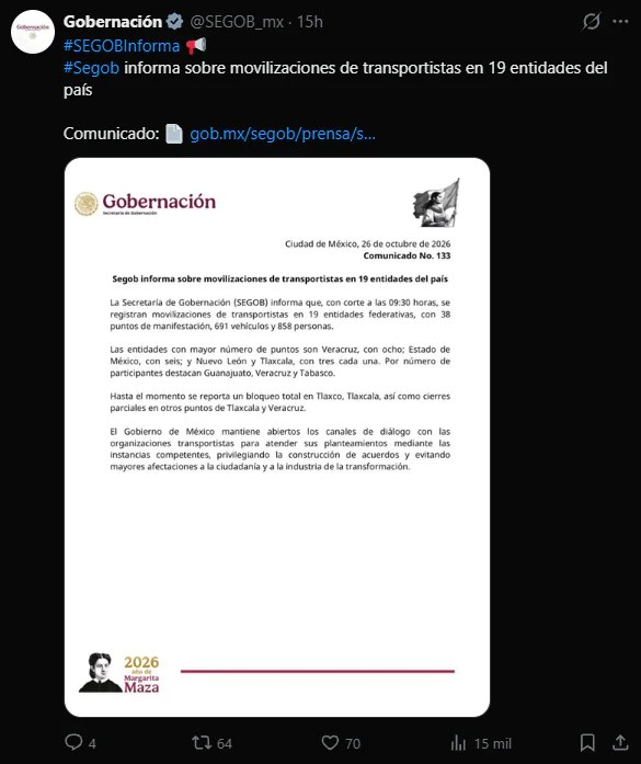 Transportistas se movilizan en 19 estados; Sheinbaum cuestiona bloqueos pese a diálogo abierto - Ilustración 1