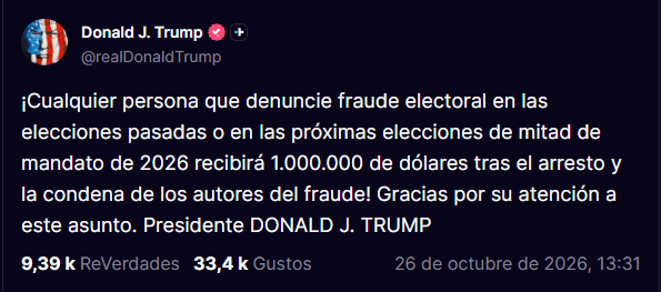 Trump ofrece un millón de dólares por denuncias de fraude electoral en Estados Unidos - Ilustración 2
